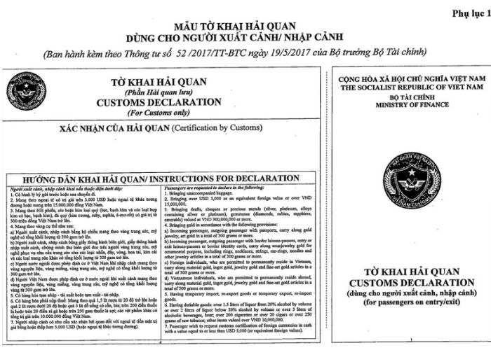 Đi Úc được mang bao nhiêu tiền - Mẫu tờ khai hải quan khi xuất - nhập cảnh.